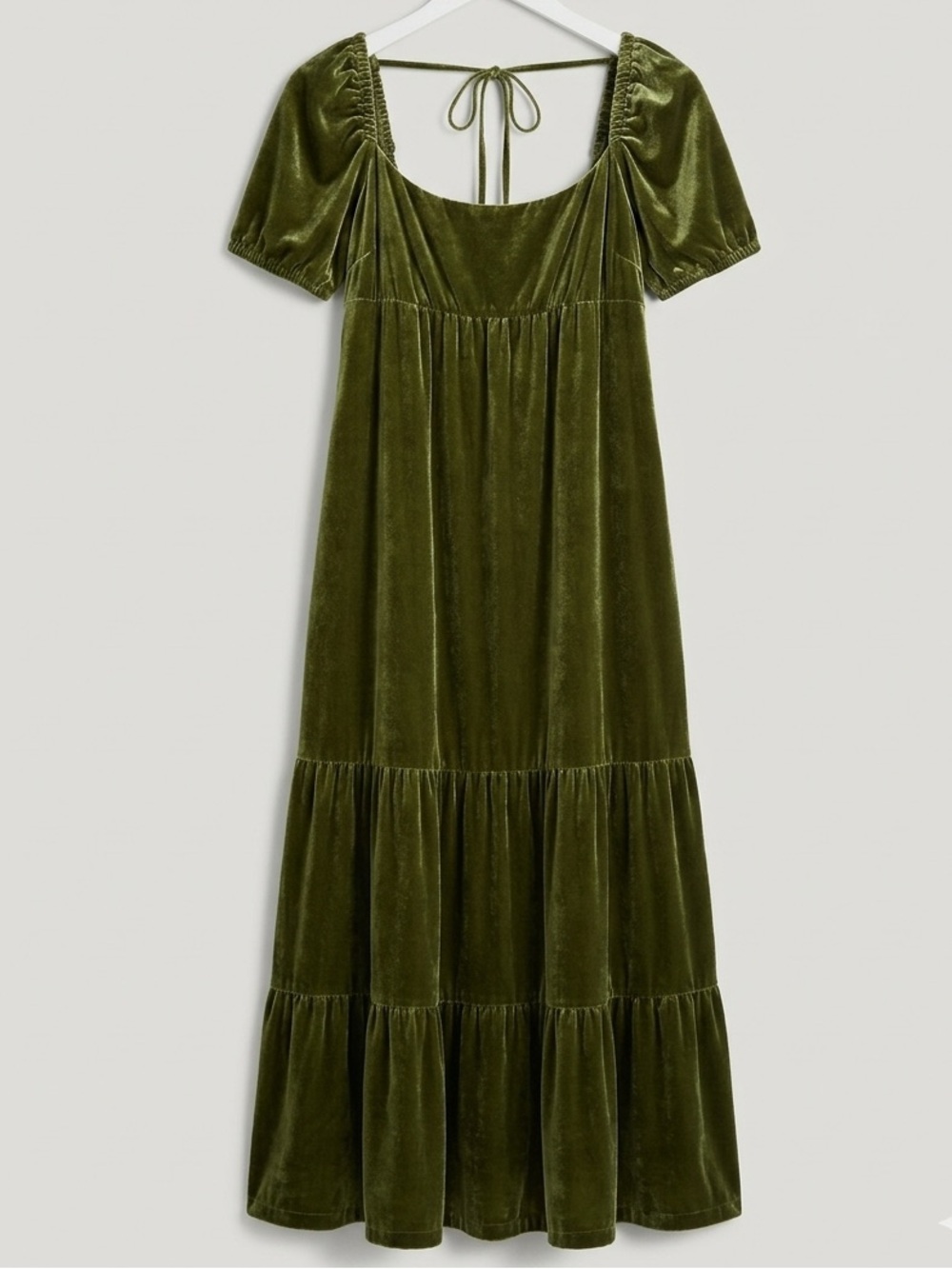 ANTHROPOLOGY MOSS GREEN EMPIRE WAIST TIERED RUFFLE MIDI SHORT SLEEV DRESS